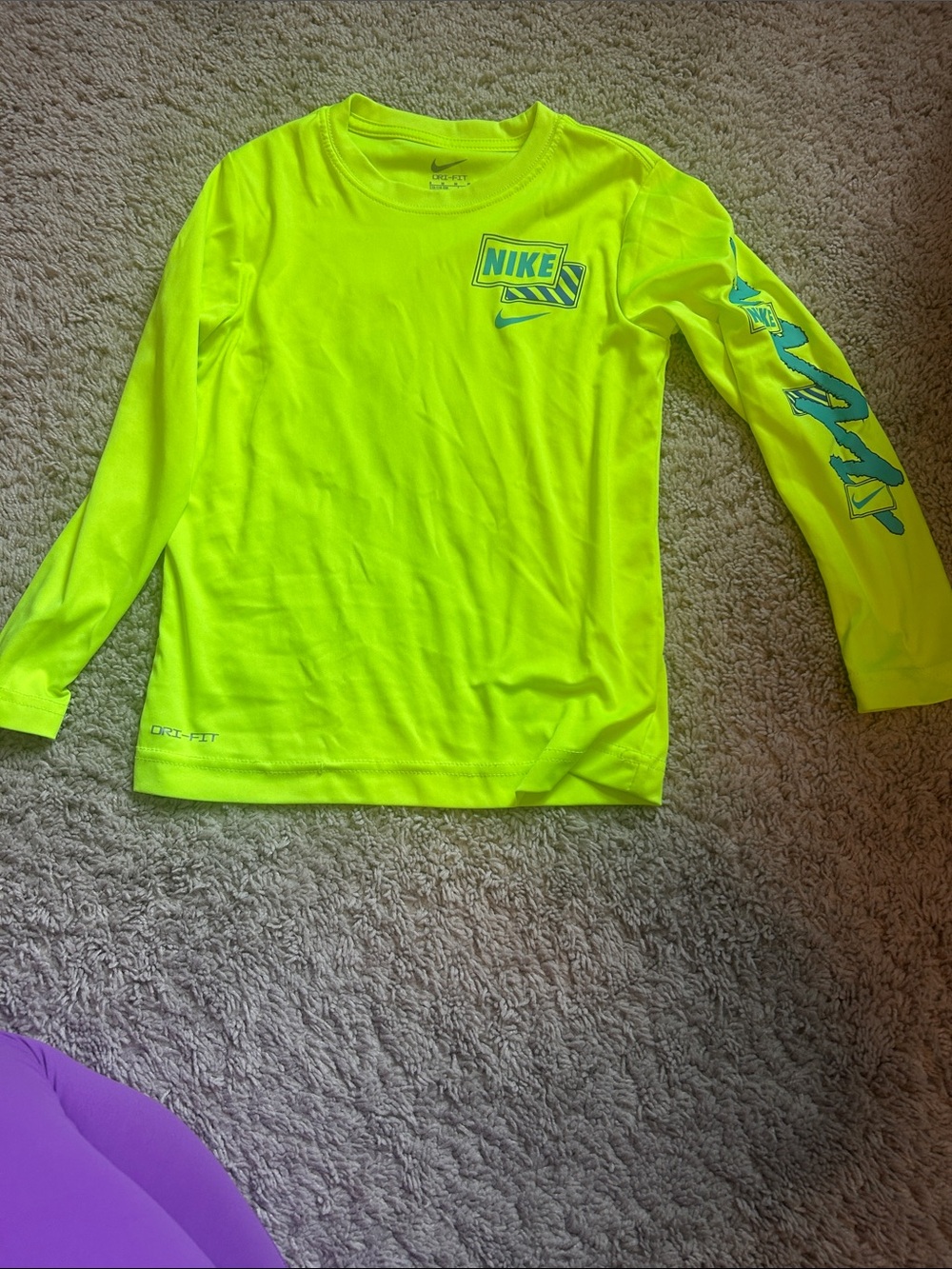 Nike Kids' Long-Sleeve Neon Yellow Performance Tee with Teal Logo